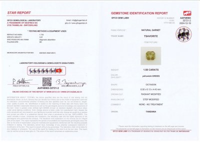 Сертификат Желтовато-зеленый гранат гроссуляр в огранке радиант 1,58 карата,Танзания