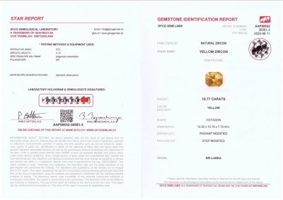 Сертификат Желто-коричневый циркон в огранке радиант 10,77 карат, Шри-Ланка