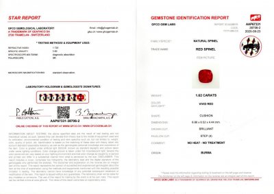 Сертификат Шпинель Vivid Red в огранке кушон 1,62 карат, Бирма