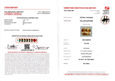 Сертификат Негретый желтый сапфир в огранке радиант 2,00 карат, Шри-Ланка