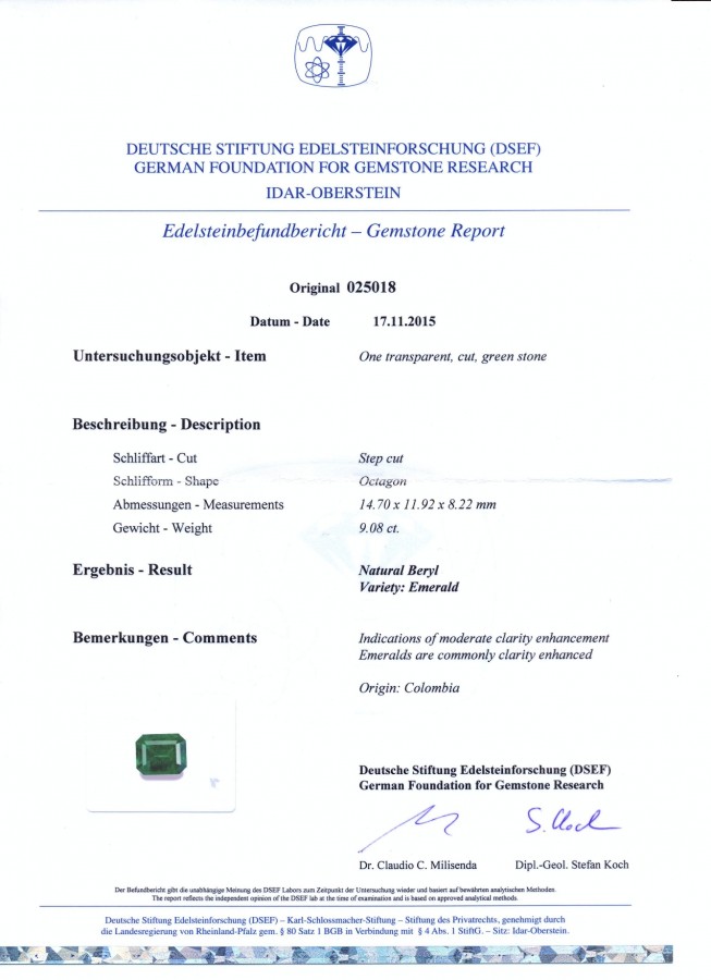 Сертификат Крупный колумбийский изумруд 9,08 карат