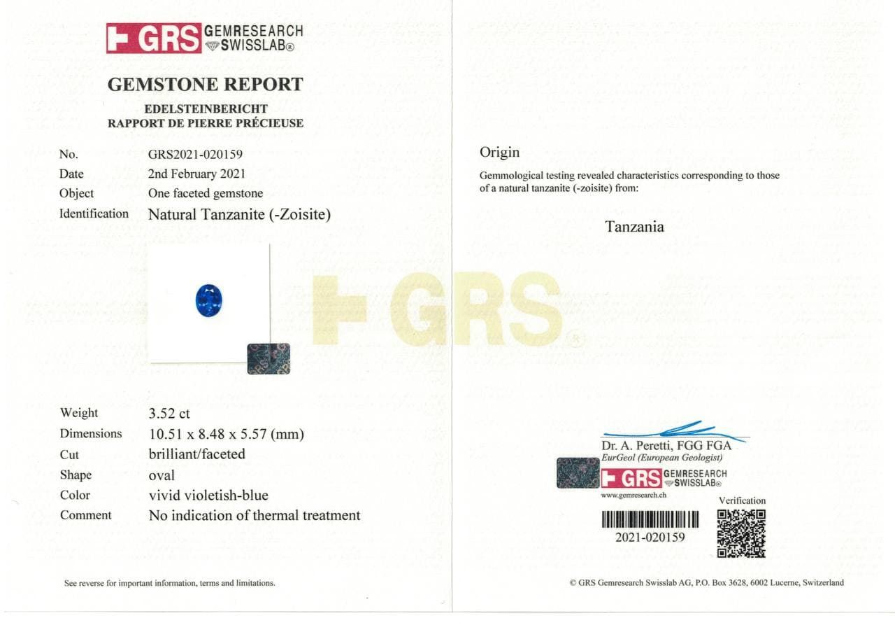 Сертификат Яркий природный танзанит в огранке овал 3,52 карат, GRS