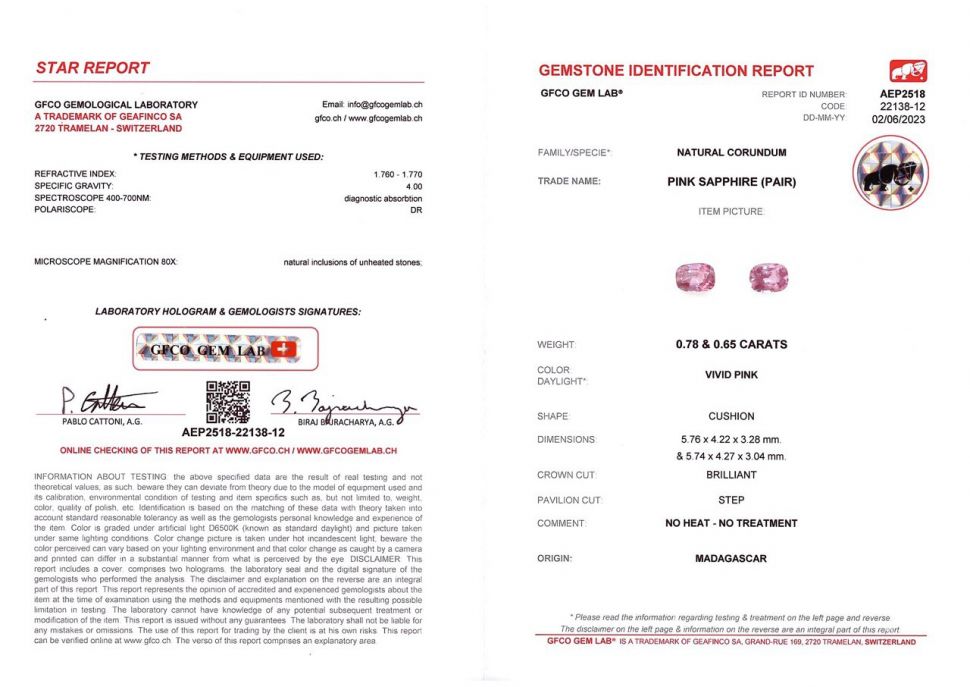 Сертификат Пара ярко-розовых негретых сапфиров 1,43 карата, Мадагаскар