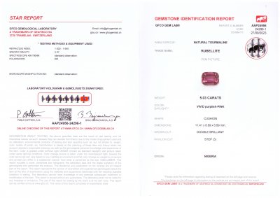 Сертификат Насыщенный розовый рубеллит в огранке кушон 5,03 карата, Нигерия