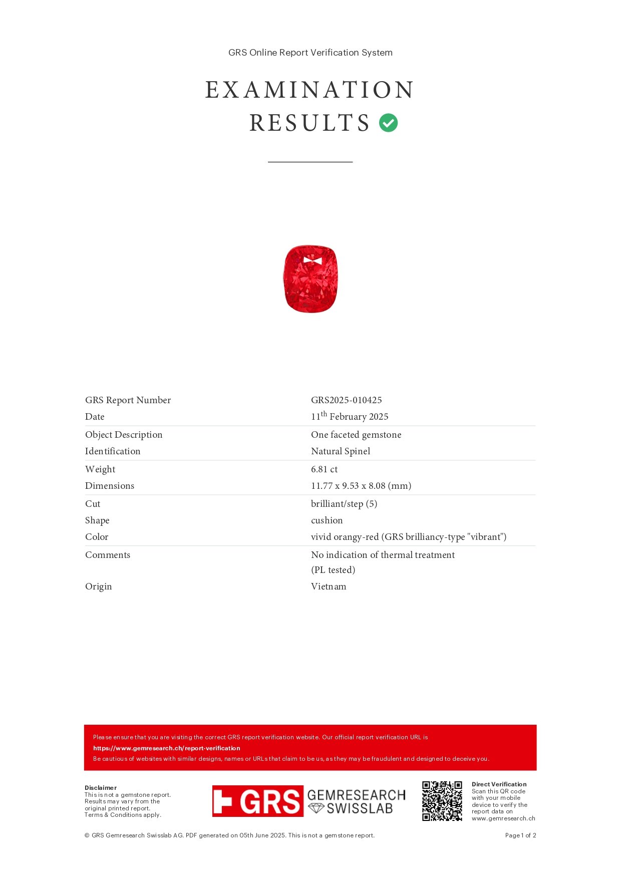 Коллекционная ярко-алая Vibrant red шпинель в огранке кушон 6,81 карата, Вьетнам  Изображение №7
