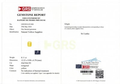 Сертификат Необлагороженный желтый сапфир в огранке октагон 8,11 карата, Шри-Ланка