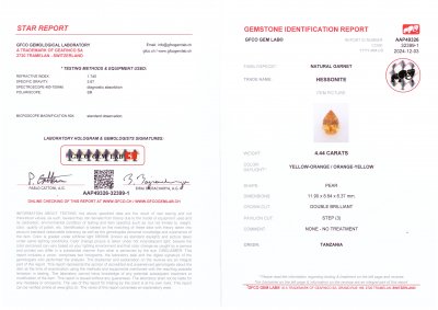 Сертификат Желто-оранжевый гранат гессонит в огранке груша 4,44 карата, Танзания