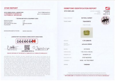 Сертификат Желтовато-зеленый гранат гроссуляр в огранке радиант 1,70 карата, Танзания