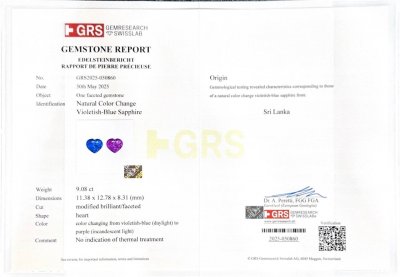Сертификат Негретый сапфир с эффектом смены цвета в огранке сердце 9,08 карат, Шри-Ланка