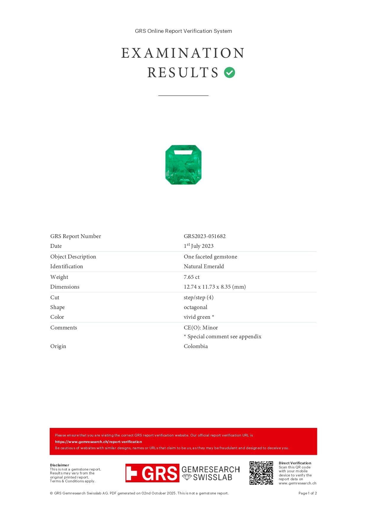 Изумруд Muzo Vivid Green в огранке октагон 7,65 карата, Колумбия (GRS) Изображение №6