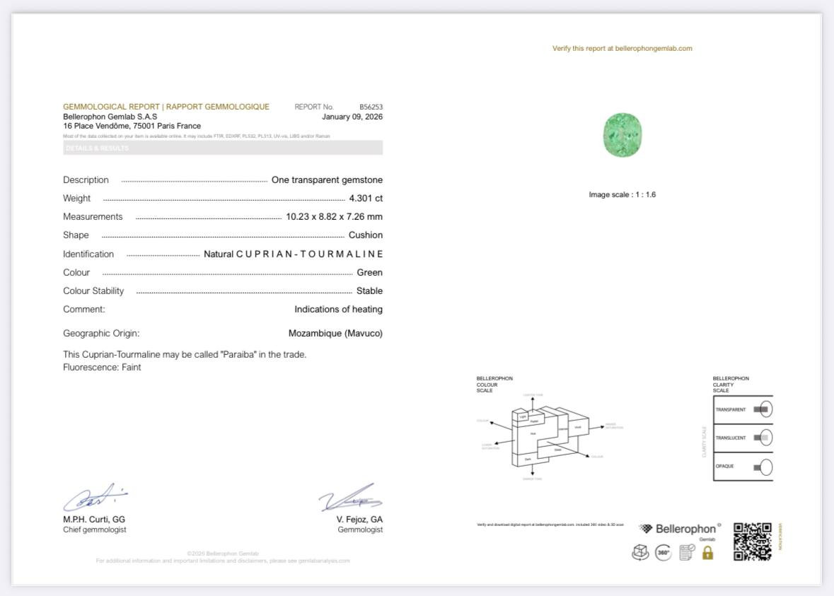 Параиба Neon Green в огранке кушон 4,30 карат, Мозамбик Изображение №6