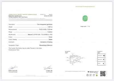 Сертификат Параиба Neon Green в огранке кушон 4,30 карат, Мозамбик