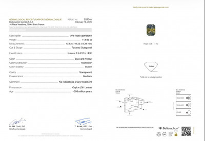 Сертификат Негретый сапфир Bi-color в огранке радиант 11.65 карат, Шри-Ланка