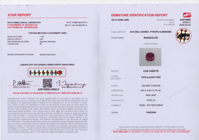 Сертификат Гранат родолит в огранке кушон 4,55 карат, Танзания