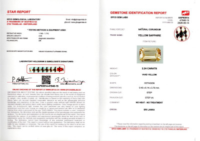 Сертификат Негретый ярко-желтый сапфир в огранке октагон 2,24 карат, Шри-Ланка