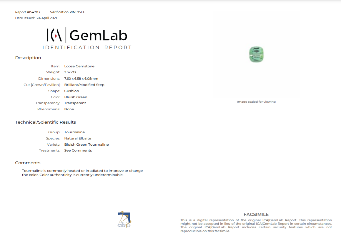 Сертификат Турмалин-верделит в пиксельной огранке 2,52 карата, Афганистан, ICA