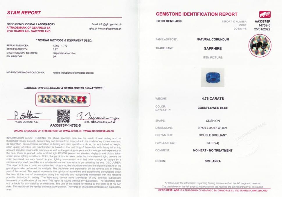 Сертификат Негретый сапфир цвета Cornflower в огранке кушон 4,76 карата, Шри-Ланка