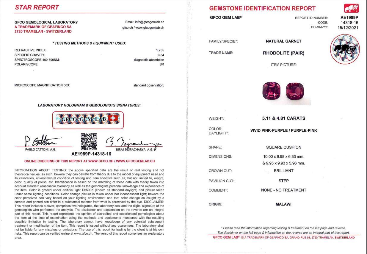 Сертификат Пара пурпурных родолитов в огранке кушон 9,92 карата, Малави