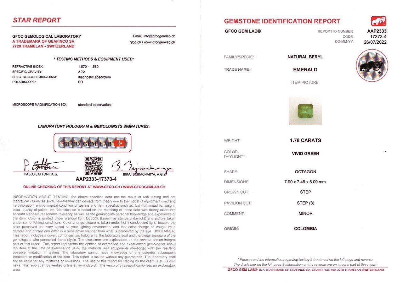 Сертификат Колумбийский изумруд 1,78 карат в огранке октагон