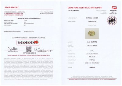 Сертификат Желтовато-зеленый гранат гроссуляр в огранке овал 2,02 карата, Танзания 