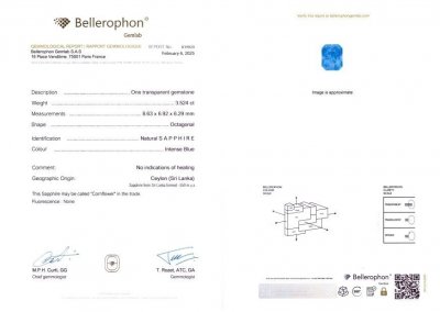 Сертификат Негретый сапфир Intense Blue в огранке октагон 3,52 карат, Шри-Ланка