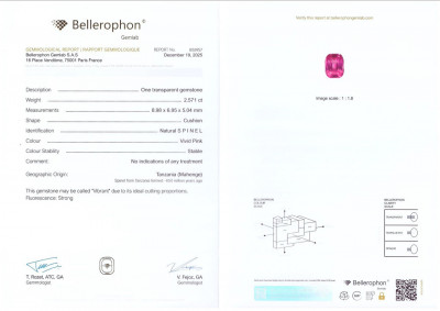 Сертификат Ярко-розовая шпинель Махенге в огранке кушон 2,57 карата, Танзания