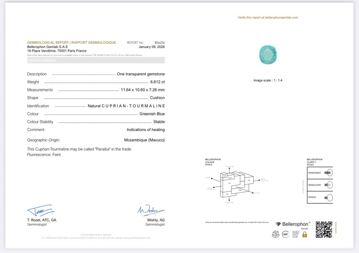 Параиба зеленовато-голубая в огранке кушон 6,61 карат, Мозамбик Изображение №6