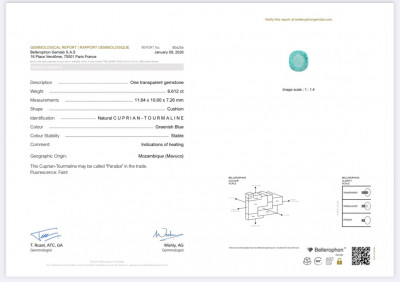 Сертификат Параиба зеленовато-голубая в огранке кушон 6,61 карат, Мозамбик