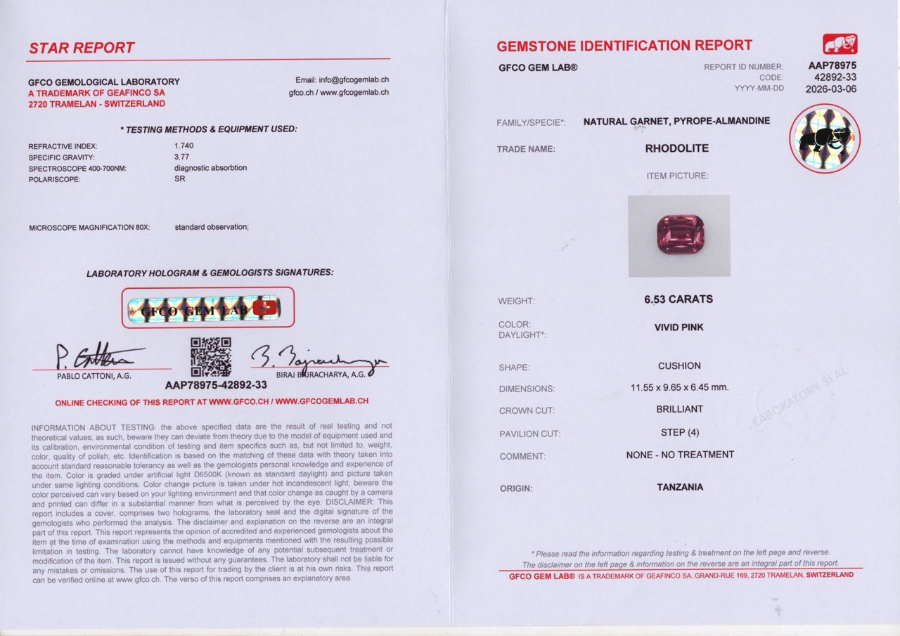 Гранат родолит Vivid Pink в огранке кушон 6,53 карат, Танзания Изображение №6