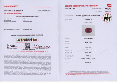 Сертификат Гранат родолит Vivid Pink в огранке кушон 6,53 карат, Танзания