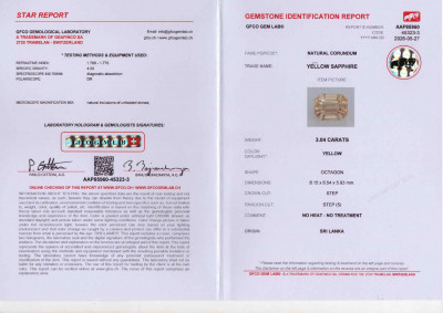 Сертификат Негретый желтый сапфир в огранке октагон 3,04 карат, Шри-Ланка. Лот 14