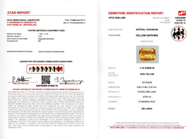Сертификат Ярко-желтый сапфир в огранке октагон 1,12 карат, Шри-Ланка 
