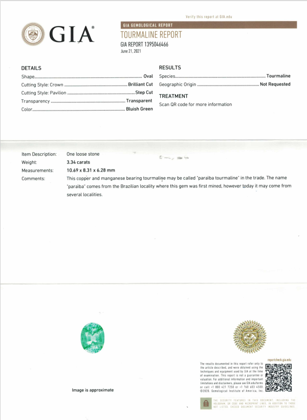 Сертификат Турмалин параиба в огранке овал 3,34 карата