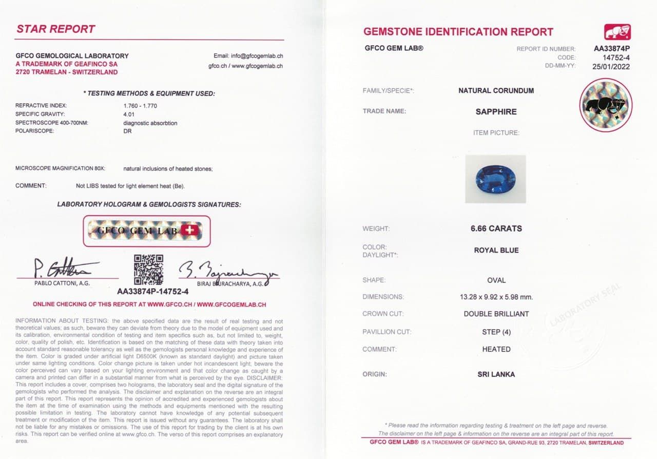 Сертификат Сапфир Royal Blue в огранке овал 6,66 карат, Шри-Ланка
