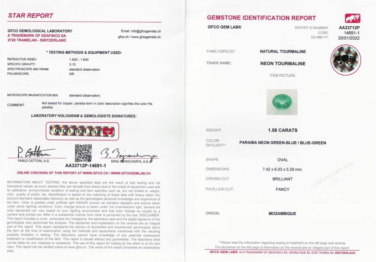 Сертификат Неоновый турмалин Параиба в огранке овал 1,58 карат, Мозамбик