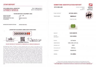Сертификат Колумбийский изумруд Vivid Green 1,95 карат в огранке октагон