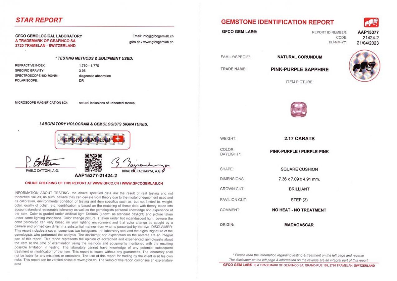 Сертификат Негретый розовый сапфир в огранке кушон 2,17 карат, Мадагаскар