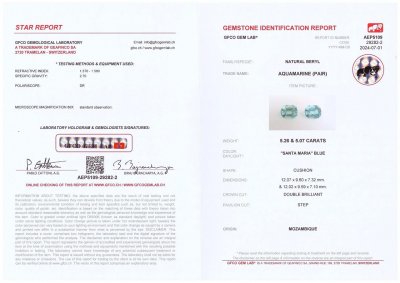 Сертификат Пара крупных аквамаринов цвета " Санта- Мария"  в огранке кушон 10,33 карат, Африка