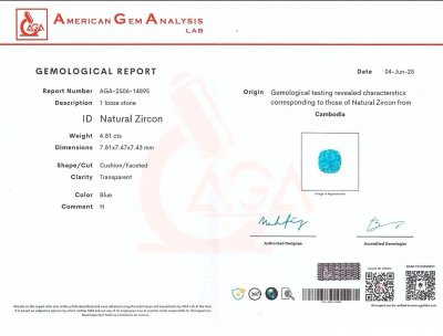 Сертификат Голубой циркон в огранке кушон 4,81 карата, Камбоджа
