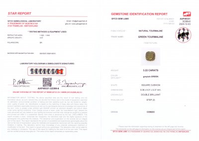 Сертификат Зеленый турмалин в огранке кушон 3,22 карата, Конго 