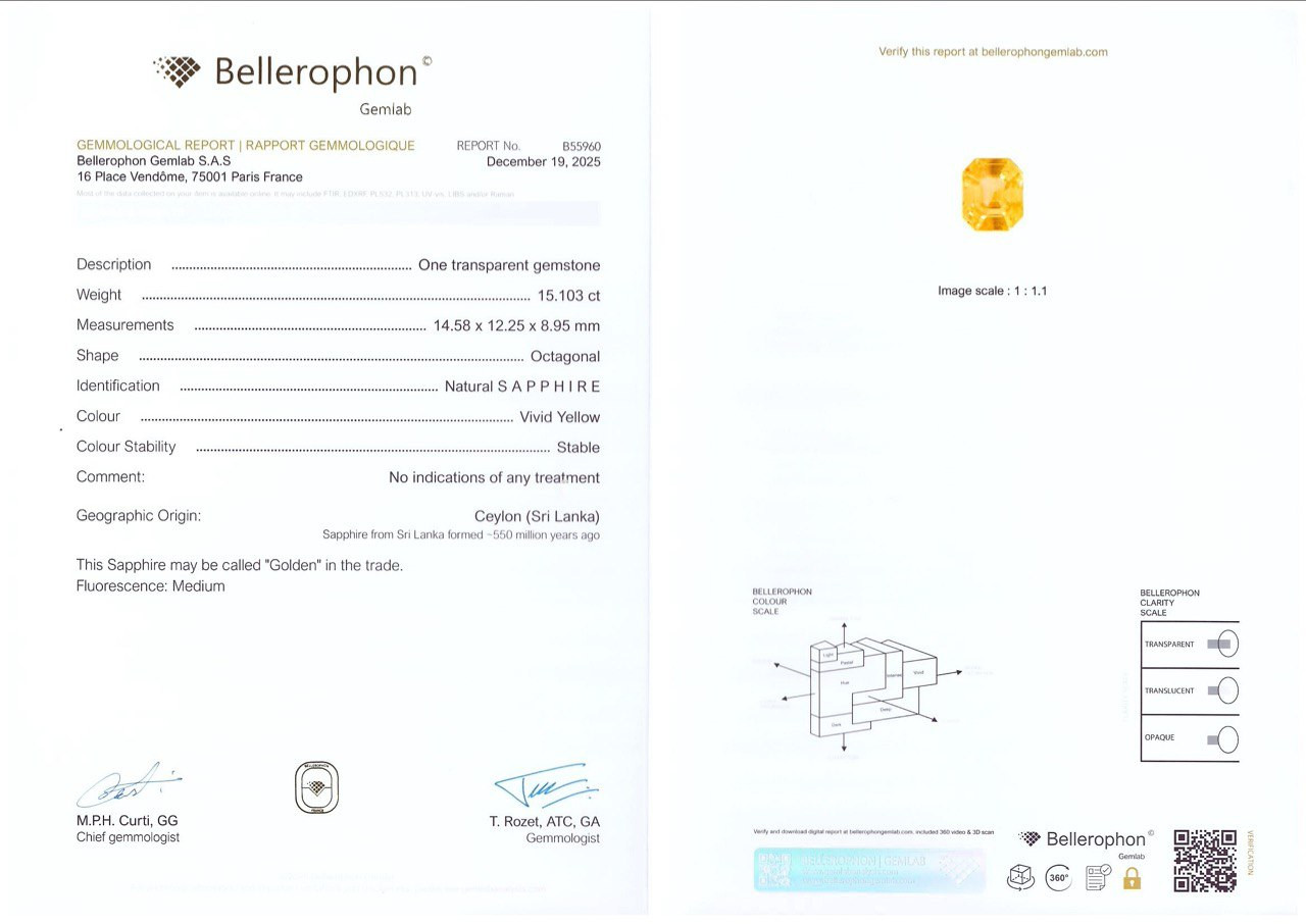 Негретый ярко-желтый сапфир в огранке октагон 15,10 карат, Шри-Ланка Изображение №6