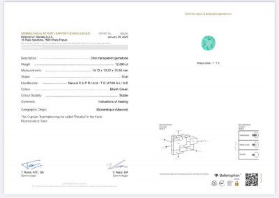 Сертификат Параиба Neon Green в огранке овал 12,89 карат, Мозамбик