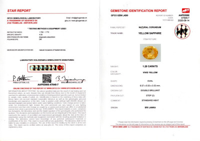 Сертификат Ярко-желтый сапфир в огранке овал 1,20 карат, Шри-Ланка