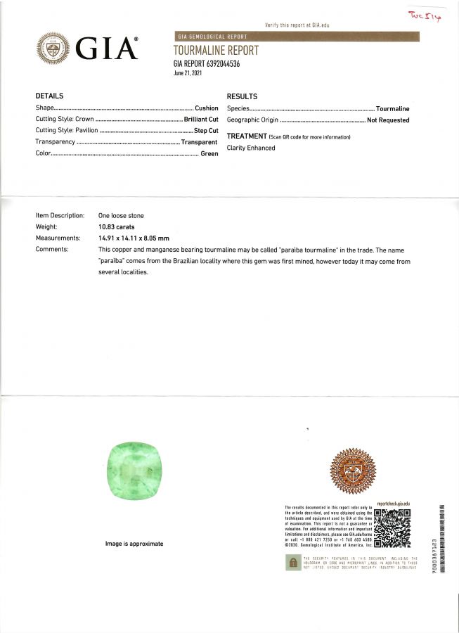 Сертификат Турмалин Параиба в огранке кушон 10,83 карата, GIA