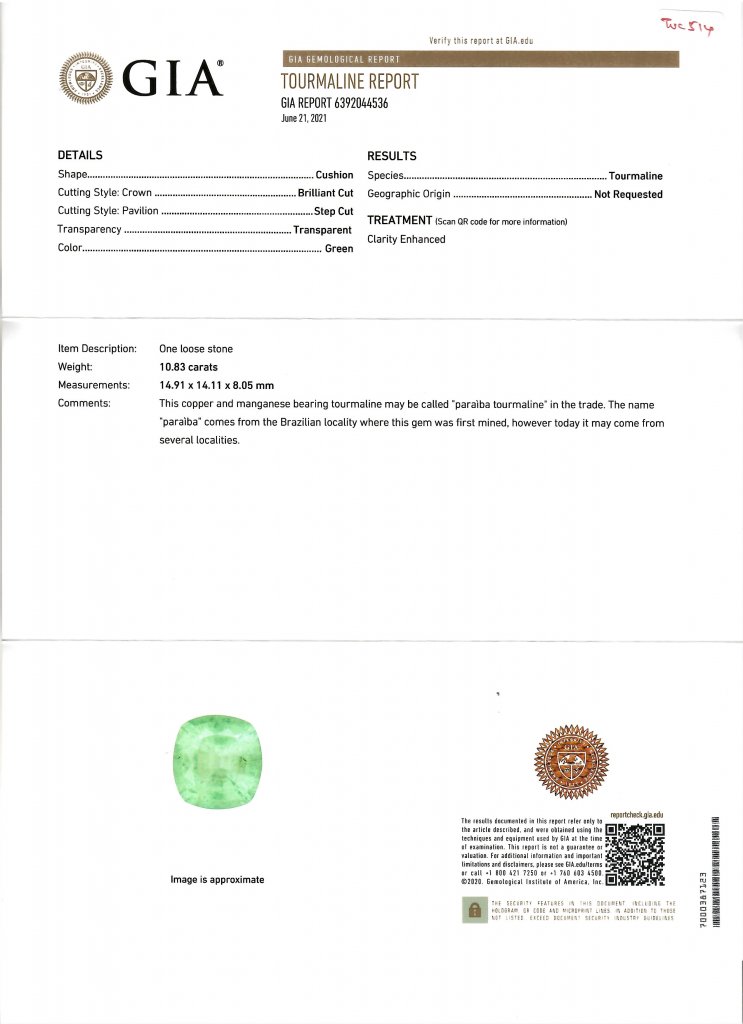 Турмалин Параиба в огранке кушон 10,83 карата, GIA Изображение №5