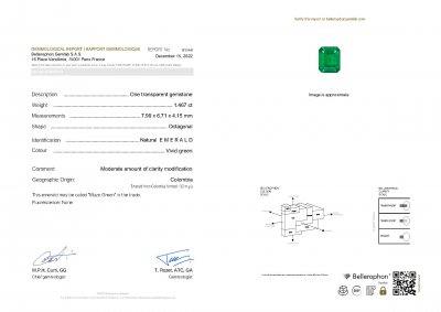 Сертификат Колумбийский изумруд цвета Muzo Green в огранке октагон 1,46 карат