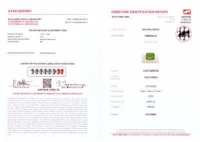 Сертификат Изумруд цвета Vivid Green из Колумбии 2,25 карат