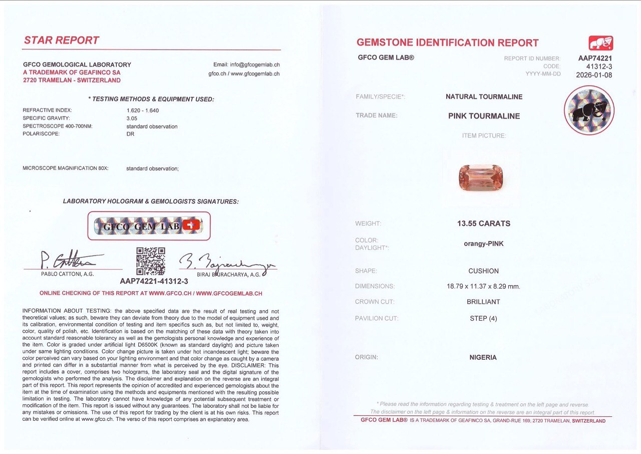 Турмалин оранжево-розовый в огранке кушон 13,55 карат, Нигерия Изображение №6