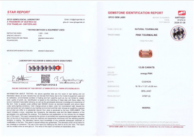 Сертификат Турмалин оранжево-розовый в огранке кушон 13,55 карат, Нигерия