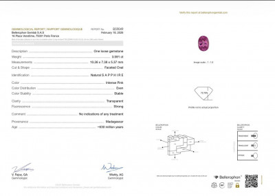 Сертификат Негретый сапфир Intense Pink в огранке овал 3,59 карат, Мадагаскар